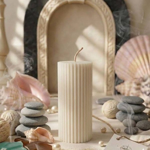 Alternate image for Handcrafted Ridged Pillar Candle with Coastal Aesthetic