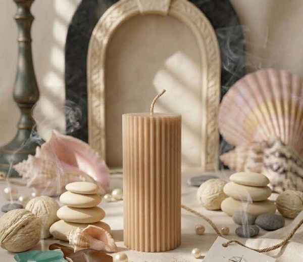 Alternate image for Handcrafted Ridged Pillar Candle with Coastal Aesthetic