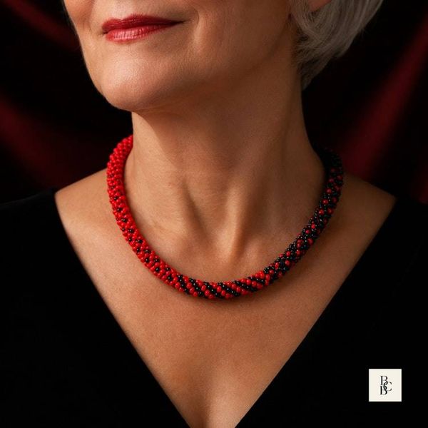 Alternate image for Crimson Noir Red & Black Kumihimo Necklace | Handcrafted Beaded Jewelry