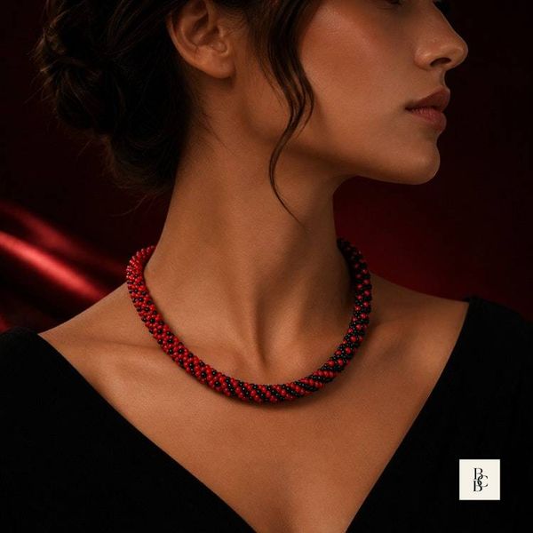Alternate image for Crimson Noir Red & Black Kumihimo Necklace | Handcrafted Beaded Jewelry