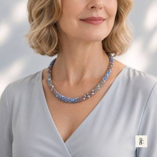 Alternate image for Morning Mist Blue & Mauve Kumihimo Necklace | Handcrafted Beaded Jewelry