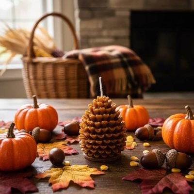 Primary image for Artisan-Crafted Pine Cone Candle with Autumn Harvest Display