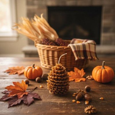 Alternate image for Artisan-Crafted Pine Cone Candle with Autumn Harvest Display