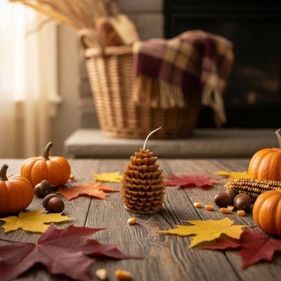 Alternate image for Artisan-Crafted Pine Cone Candle with Autumn Harvest Display