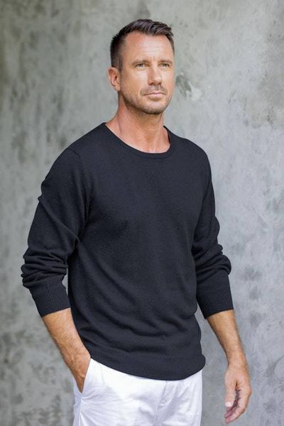 Primary image for Mens Crew Neck Cotton Blend Pullover in Black from Peru Classic Warmth in Black