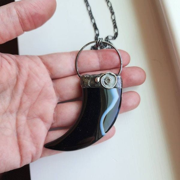 Alternate image for Black Agate Claw Necklace, Handmade Curved Stone Pendant, Artisan Jewelry