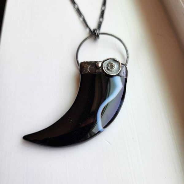 Alternate image for Black Agate Claw Necklace, Handmade Curved Stone Pendant, Artisan Jewelry