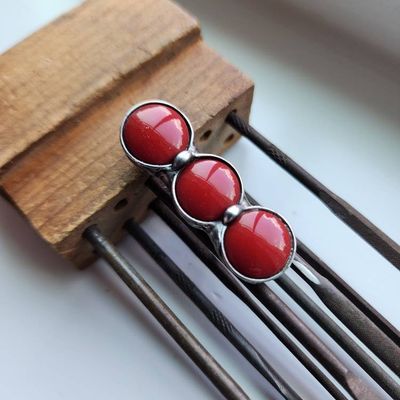 Alternate image for Red Mosaic Ring, Handmade Three Stone Statement Ring, Bold Artisan Jewelry, Handcrafted
