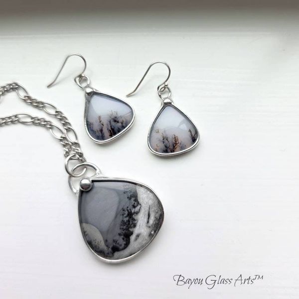 Alternate image for Dendrite Agate Jewelry Set, Handmade Teardrop Necklace and Earrings