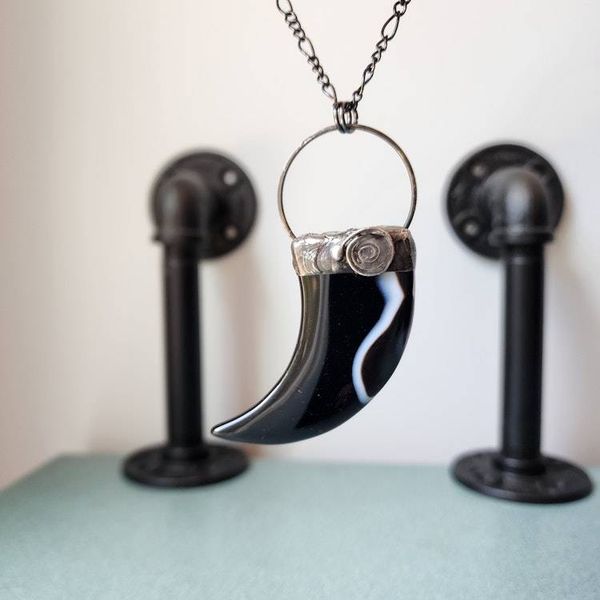 Alternate image for Black Agate Claw Necklace, Handmade Curved Stone Pendant, Artisan Jewelry