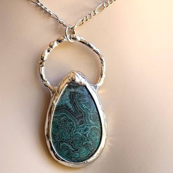 Alternate image for Crazy Lace Agate Necklace, Handmade Green Pattern Stone Pendant, Artisan Jewelry