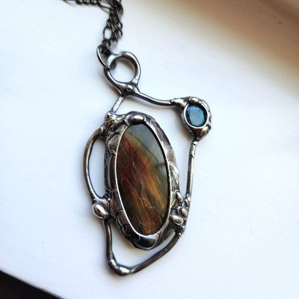 Alternate image for Tiger Eye and Labradorite Necklace, Handmade Mixed Stone Artisan Pendant, Statement Jewelry
