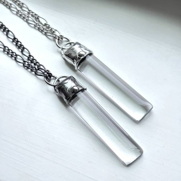 Alternate image for Clear Glass Bar Necklace, Handmade Minimalist Long Pendant, Modern Glass Jewelry