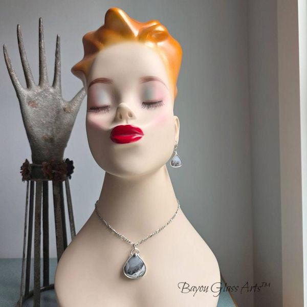 Alternate image for Dendrite Agate Jewelry Set, Handmade Teardrop Necklace and Earrings