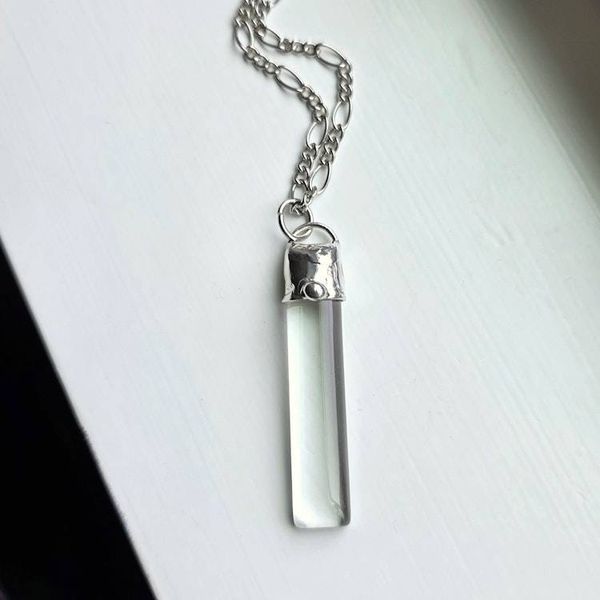 Alternate image for Clear Glass Bar Necklace, Handmade Minimalist Long Pendant, Modern Glass Jewelry