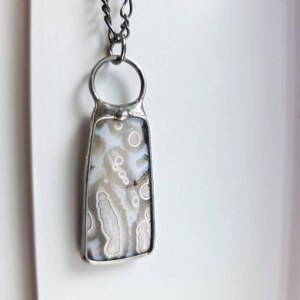 Alternate image for SOLD - Ocean Jasper Necklace, Handmade Neutral Stone Pendant, Orb Pattern, Artisan Jewelry