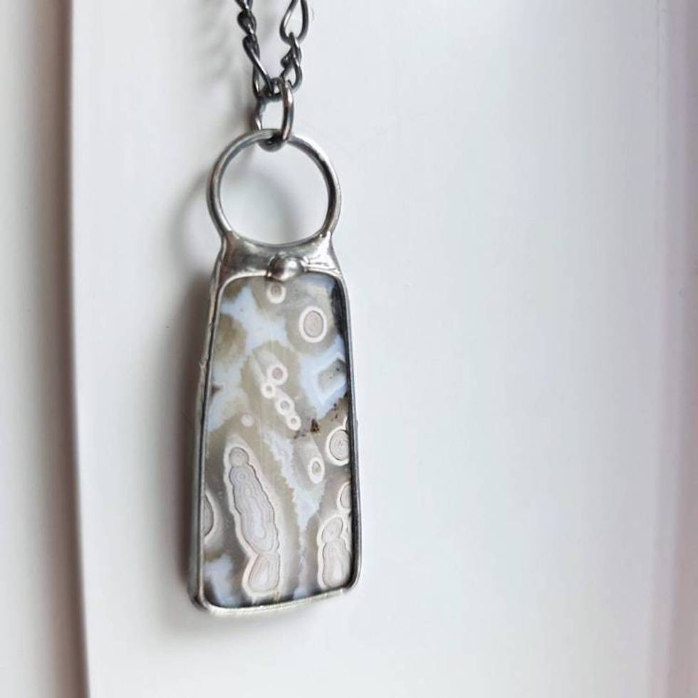 SOLD - Ocean Jasper Necklace, Handmade Neutral Stone Pendant, Orb Pattern, Artisan Jewelry