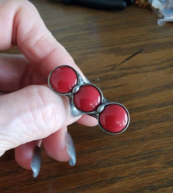 Alternate image for Red Mosaic Ring, Handmade Three Stone Statement Ring, Bold Artisan Jewelry, Handcrafted