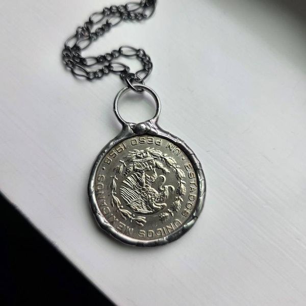 Alternate image for SOLD - 1958 Mexican Peso Necklace, Handmade Coin Pendant, Vintage Mexico Currency Jewelry