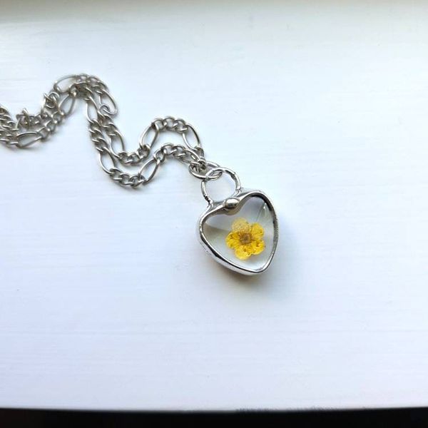Alternate image for Pressed Flower Charm, Dainty Yellow Forget Me Not Heart Necklace, Teen Tween Gift