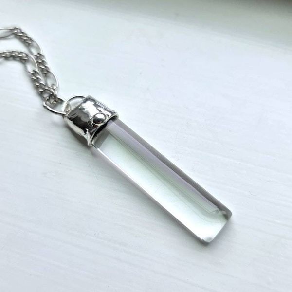 Alternate image for Clear Glass Bar Necklace, Handmade Minimalist Long Pendant, Modern Glass Jewelry