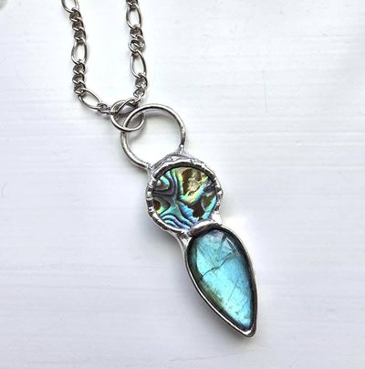 Alternate image for Abalone and Labradorite Necklace, Handmade Blue Green Stone Pendant, Artisan Jewelry