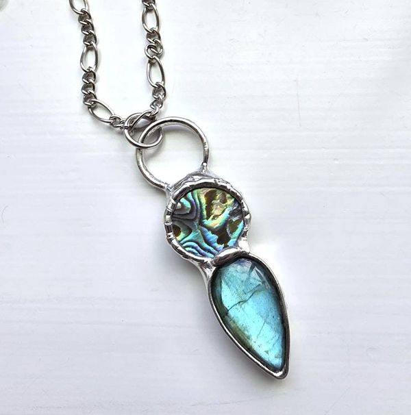Alternate image for Abalone and Labradorite Necklace, Handmade Blue Green Stone Pendant, Artisan Jewelry