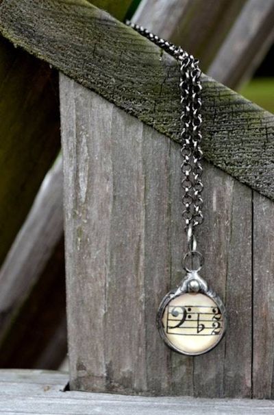 Alternate image for Vintage Sheet Music Necklace, Handmade Two Sided Music Note Pendant