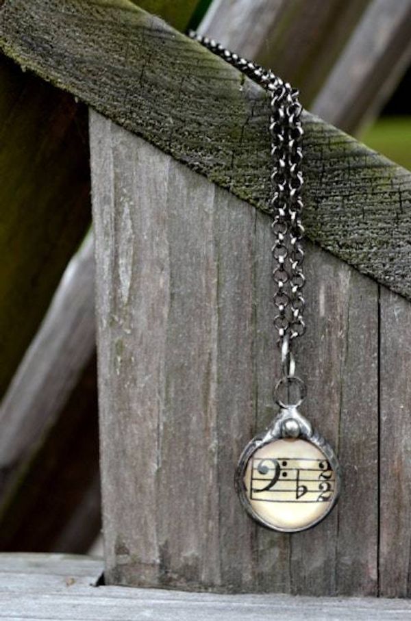 Alternate image for Vintage Sheet Music Necklace, Handmade Two Sided Music Note Pendant