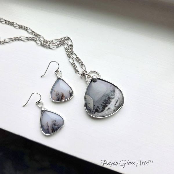 Alternate image for Dendrite Agate Jewelry Set, Handmade Teardrop Necklace and Earrings