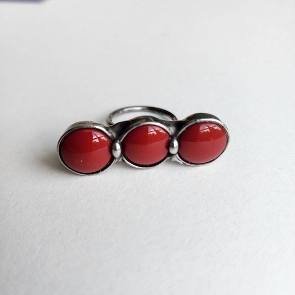 Alternate image for Red Mosaic Ring, Handmade Three Stone Statement Ring, Bold Artisan Jewelry, Handcrafted