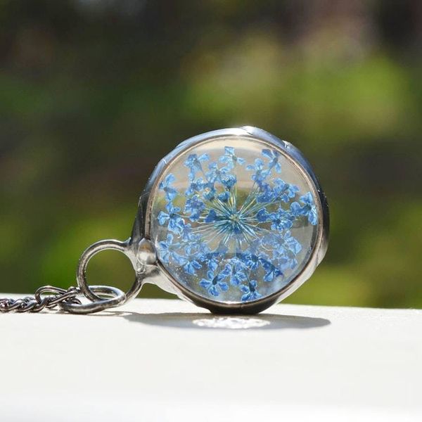 Alternate image for Blue Queen Annes Lace Necklace, Handmade Real Pressed Flower Botanical Glass Pendant