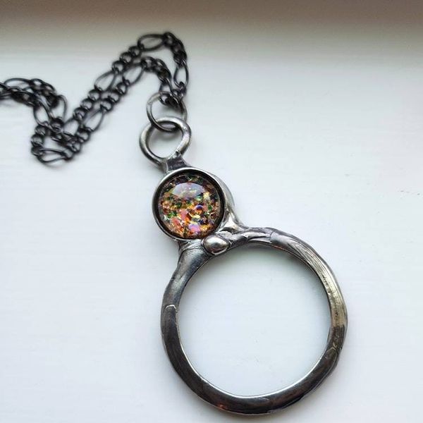 Alternate image for Magnifying Glass Necklace, Handmade Artisan Magnifier Pendant, Multicolored Iridescent Glass Accent