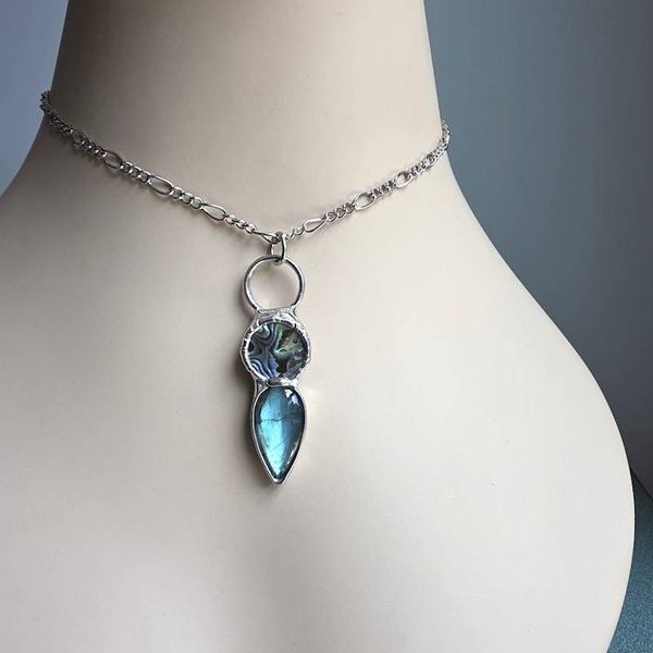Alternate image for Abalone and Labradorite Necklace, Handmade Blue Green Stone Pendant, Artisan Jewelry