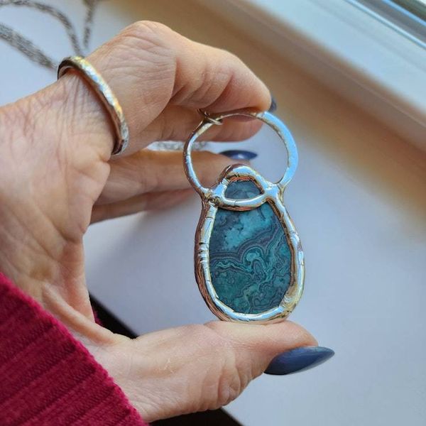 Alternate image for Crazy Lace Agate Necklace, Handmade Green Pattern Stone Pendant, Artisan Jewelry