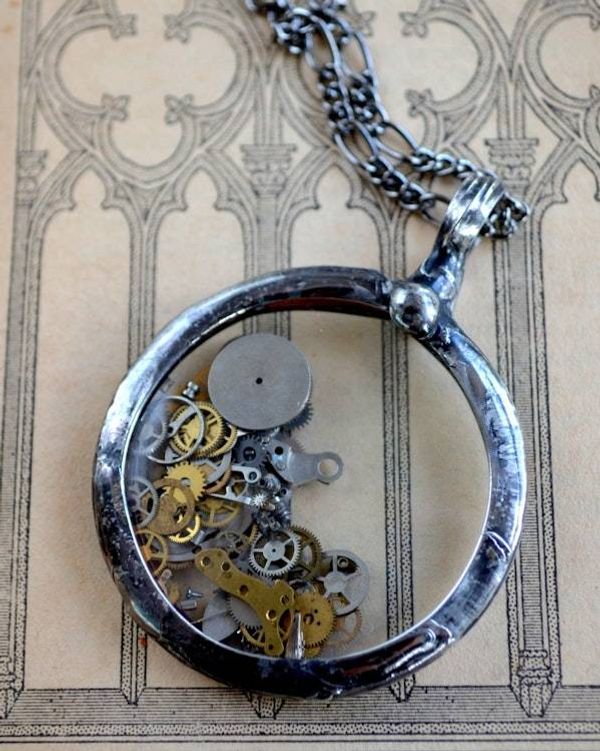 Alternate image for Antique Pocket Watch Crystal Pendant With Loose Moving Watch Parts Necklace