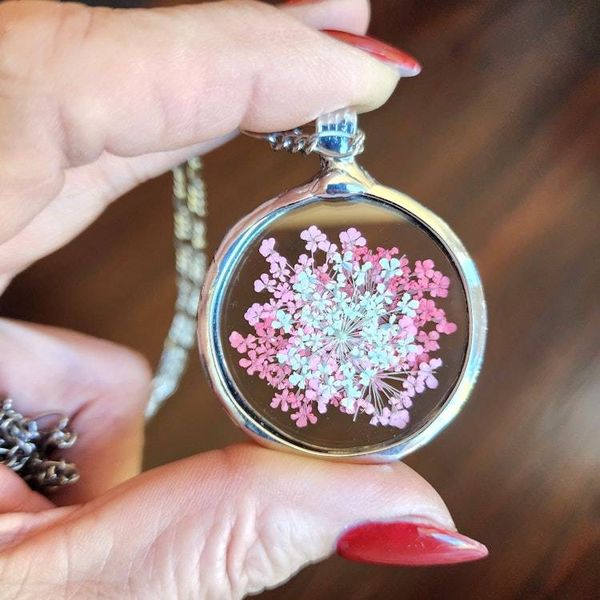 Alternate image for Large Pressed Flower Necklace, Pink Queen Annes Lace Pendant, Botanical Glass Jewelry