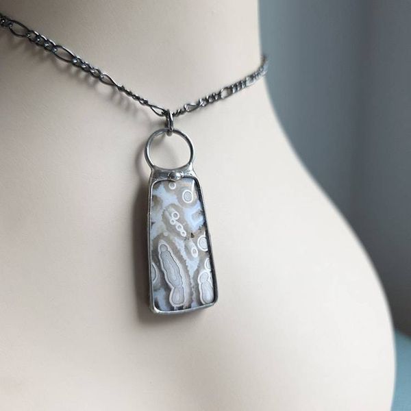 Alternate image for SOLD - Ocean Jasper Necklace, Handmade Neutral Stone Pendant, Orb Pattern, Artisan Jewelry