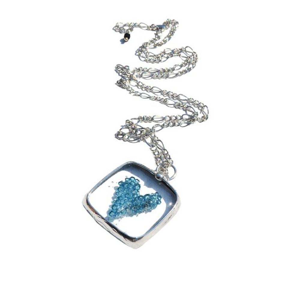 Blue Fused Glass Square, Heart Necklace for Women, Blue Bubble Heart Pendant, Handcrafted in USA