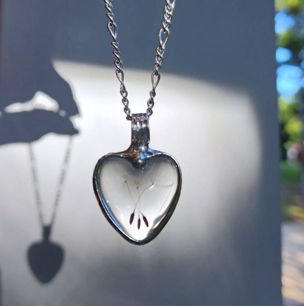 Alternate image for Dandelion Seed Heart Pendant Necklace for Women, Stained Glass Terrarium Jewelry, Three Seeds
