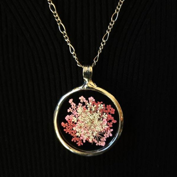 Alternate image for Large Pressed Flower Necklace, Pink Queen Annes Lace Pendant, Botanical Glass Jewelry