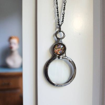 Alternate image for Magnifying Glass Necklace, Handmade Artisan Magnifier Pendant, Multicolored Iridescent Glass Accent