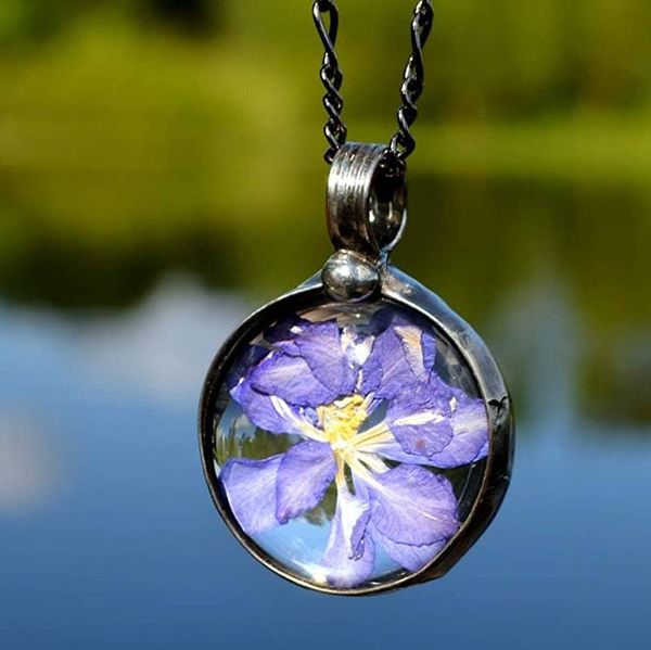 Alternate image for Pressed Flower Necklace, Purple Larkspur Jewelry, Natural Flower Pendant, July Birth Flower