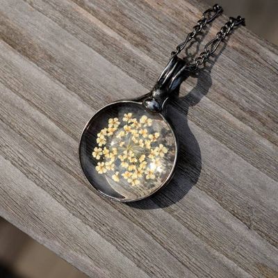 Alternate image for Blue Queen Annes Lace Necklace, Handmade Real Pressed Flower Botanical Glass Pendant