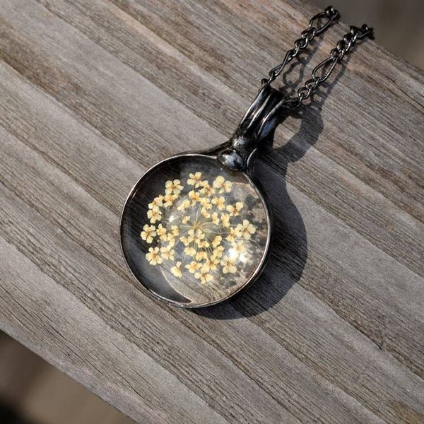 Alternate image for Blue Queen Annes Lace Necklace, Handmade Real Pressed Flower Botanical Glass Pendant