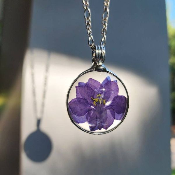 Alternate image for Pressed Flower Necklace, Purple Larkspur Jewelry, Natural Flower Pendant, July Birth Flower