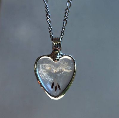 Alternate image for Dandelion Seed Heart Pendant Necklace for Women, Stained Glass Terrarium Jewelry, Three Seeds