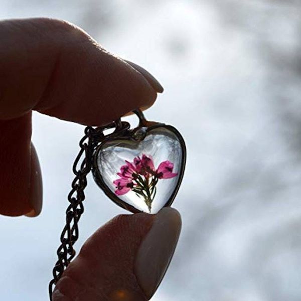 Alternate image for Dainty Pressed Flower Jewelry, Scottish Heather Heart Necklace for Women, Natural Flower Pendant