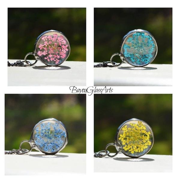 Alternate image for Pressed Flower Necklace for Women, Pink Queen Annes Lace Pendant, Dried Flower Jewelry