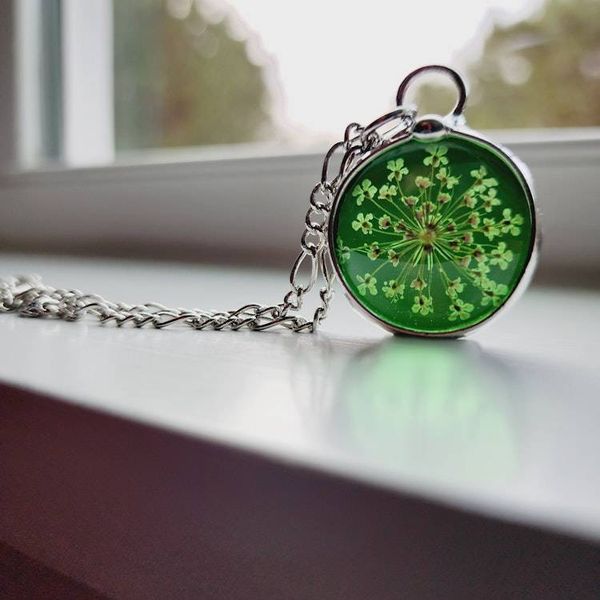 Alternate image for Green Stained Glass Pendant, Pressed Flower Necklace, Queen Annes Lace Wildflowers, 13th Anniversary Gift